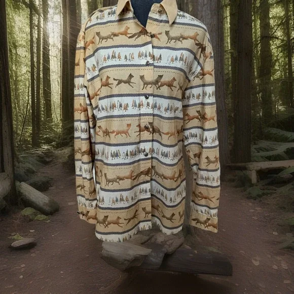 Wrangler Western Wear Cotton Long Sleeve Shirt‎ L Wolf Fox Cowgirl Horsegirl - Picture 9 of 16